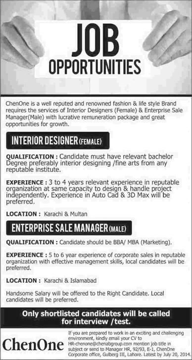Interior Designer & Sales Manager Jobs in Pakistan 2014 July at Chen One