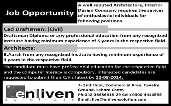 Draftsman & Architect Jobs in Lahore 2014 August at Enliven Solutions
