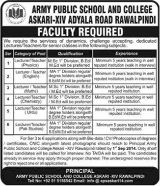 Teaching Jobs in Rawalpindi 2014 August at Army Public School and College