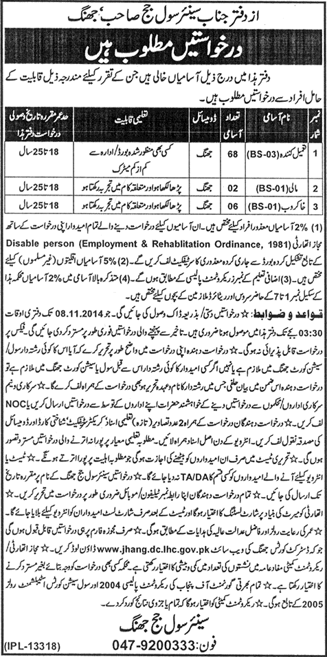 Civil / District and Session Court Jhang Jobs 2014 October Latest Advertisement