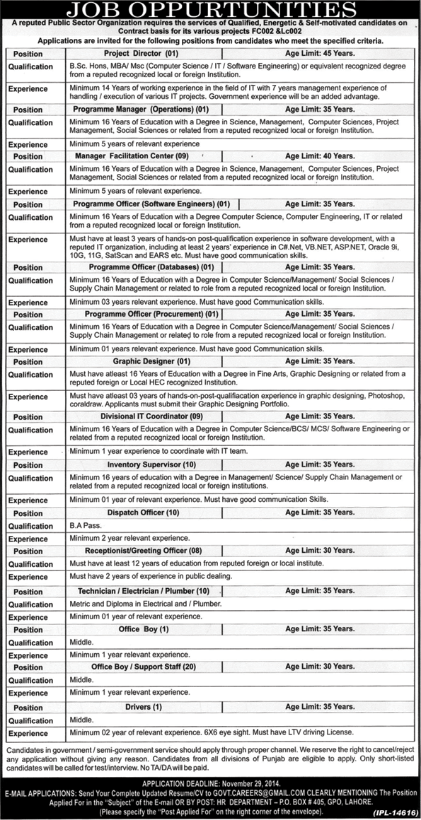 PO Box 405 GPO Lahore Jobs 2014 November Public Sector Organization