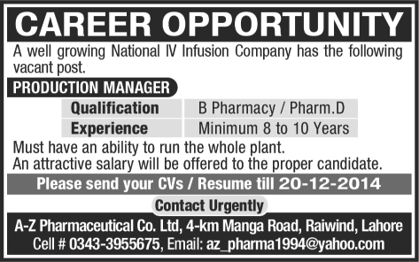 Pharmacist Jobs in Lahore 2014 December as Production Manager in A-Z Pharmaceutical Co