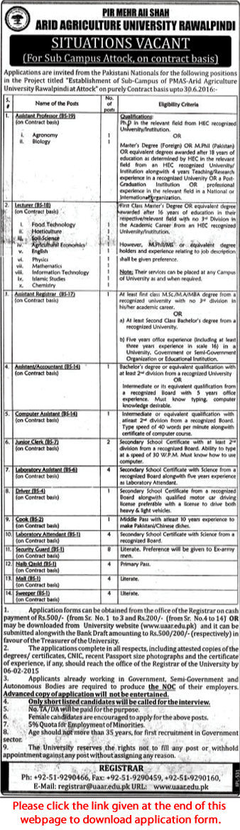 Arid Agriculture University Attock Jobs 2015 Application Form for Faculty, Admin & Support Staff