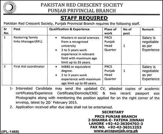Pakistan Red Crescent Society Lahore Jobs 2015 February First Aid Coordinator & Restoring Family Link Manager