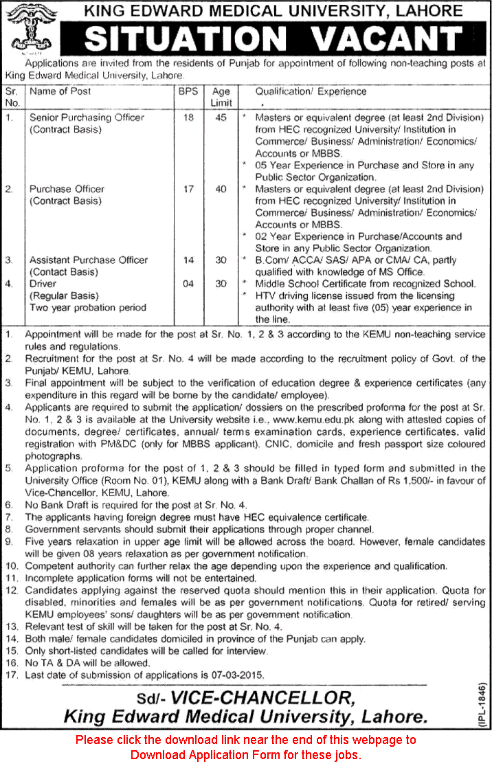 King Edward Medical University Lahore Jobs 2015 February KEMU Application Form Purchase Officers & Driver