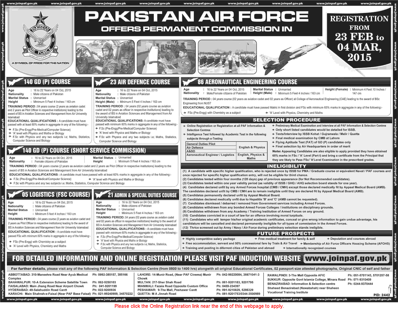 PAF Jobs February 2015 Online Registration Permanent Commission in Pakistan Air Force