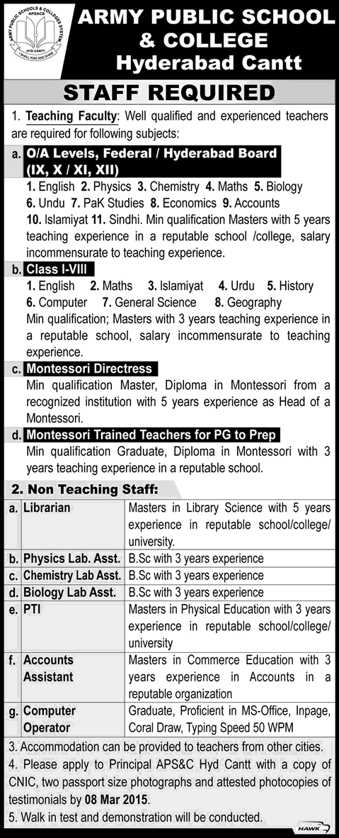 Army Public School and College Hyderabad Cantt Jobs 2015 February Teaching Faculty & Admin Staff