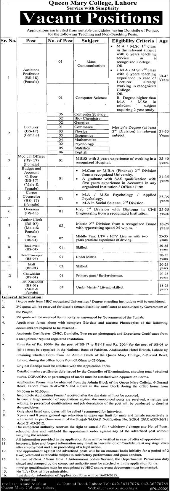 Queen Mary College Lahore Jobs 2015 February Teaching Faculty, Admin & Support Staff Latest
