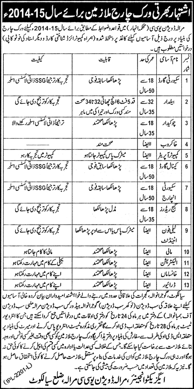 Marala Division UCC District Sialkot Jobs 2015 February Canal Department Punjab
