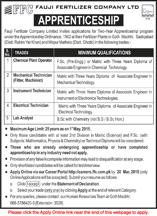 FFC Apprenticeship 2015 March Online Apply Fauji Fertilizer Company Limited Latest