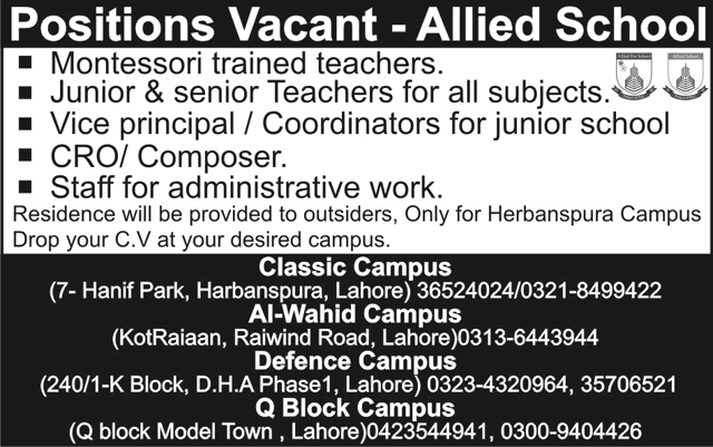Allied School Lahore Jobs 2015 March for Teaching Faculty, Vice Principal & Admin Staff
