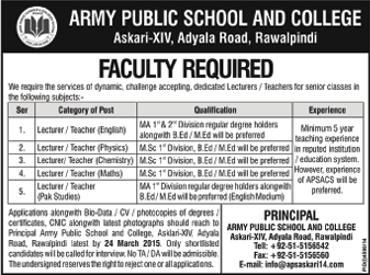 Army Public School and College Rawalpindi Jobs 2015 March Lecturers / Teaching Faculty Latest