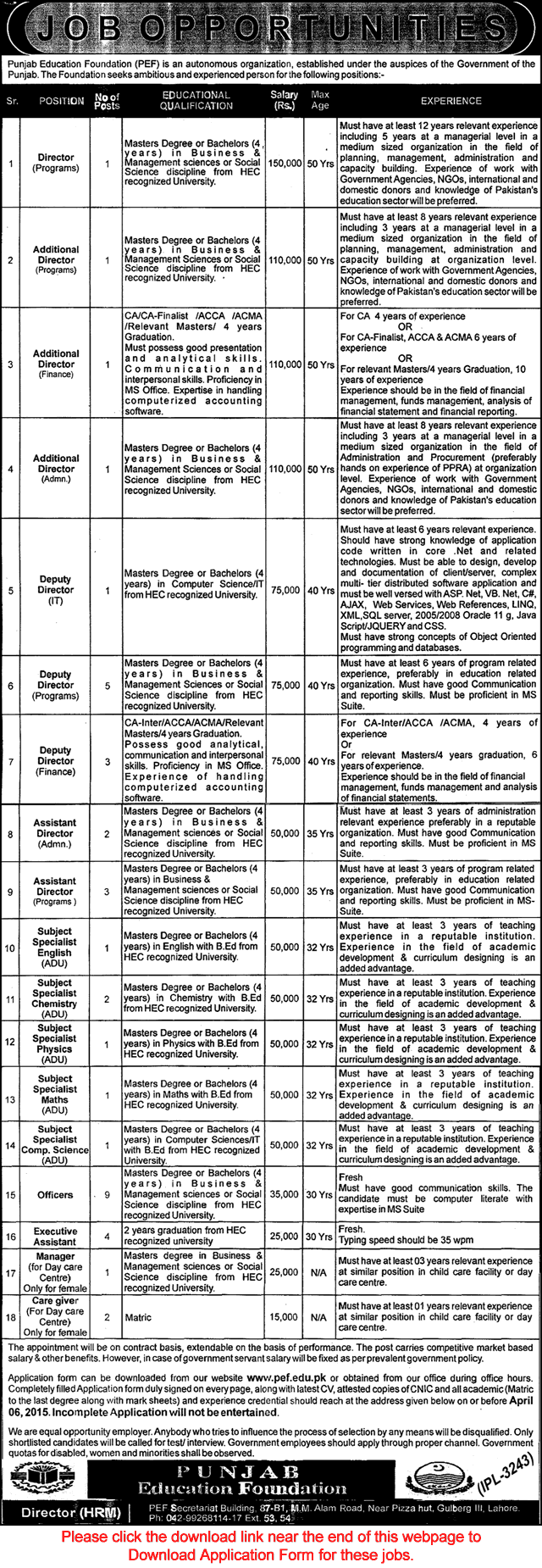 Punjab Education Foundation Jobs 2015 March PEF Application Form Download New / Latest