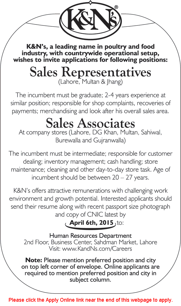 K&N Jobs 2015 March / April Apply Online Sales Representatives & Sales Associates Latest