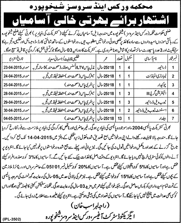 Works and Services Department Sheikhupura Jobs 2015 March / April Baildar, Driver & Others