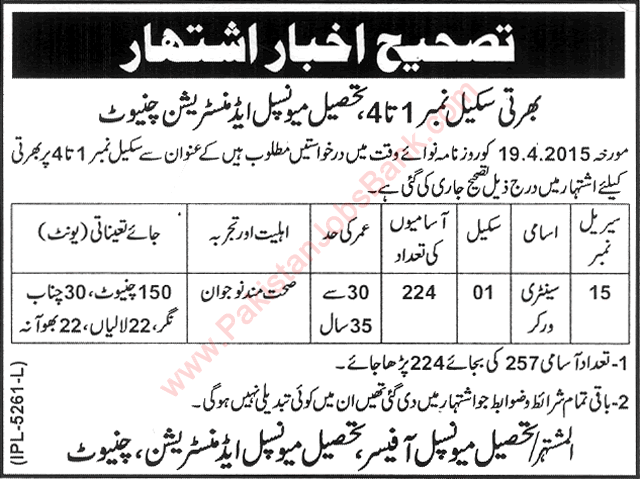 Addendum: TMA Chiniot Jobs 2015 April Sanitary Workers Positions Decreased / Correction