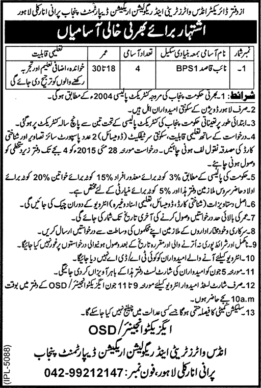 Naib Qasid Jobs in Irrigation Department Punjab 2015 April / May Lahore Office of Indus Waters Treaty & Regulation