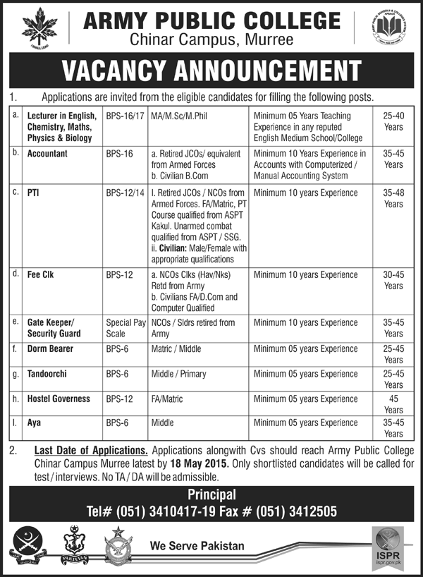 Army Public College Chinar Campus Murree Jobs 2015 May Lecturers, Accountant, Security Guards & Others