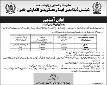 National Database and Registration Authority Lahore Jobs 2015 May under Disabled & Minorities Quota Latest