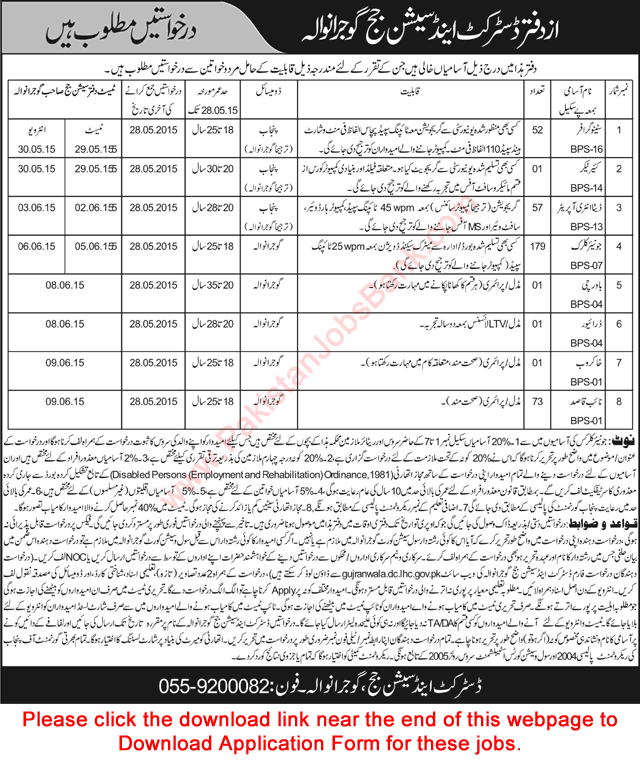 District and Session Court Gujranwala Jobs 2015 May Application Form Download Latest Advertisement