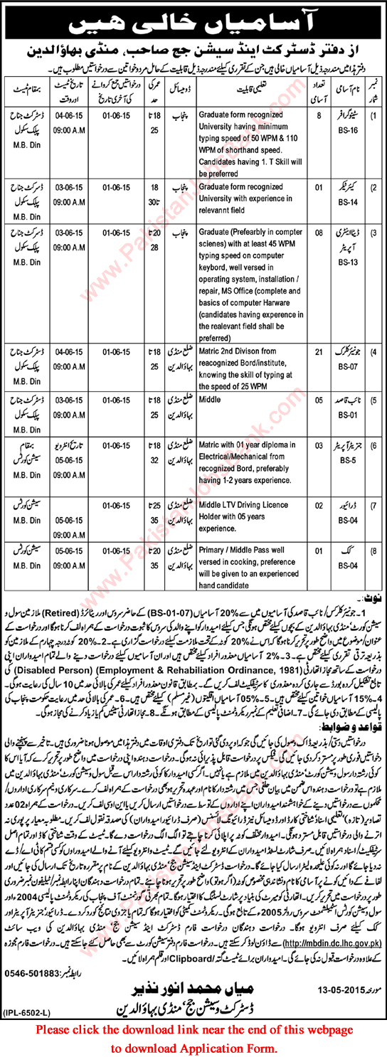 District and Session Court Mandi Bahauddin Jobs 2015 May Application Form Download Latest