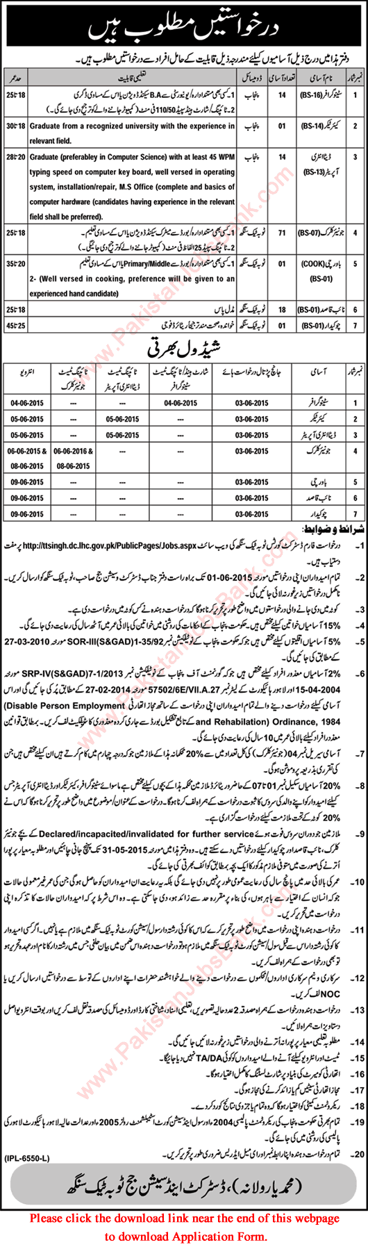 District and Session Court Toba Tek Singh Jobs 2015 May Application Form