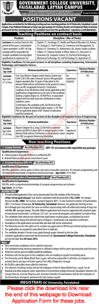 Administrative & Lecturer Jobs in GC University Faisalabad Layyah Campus 2015 May Application Form Download