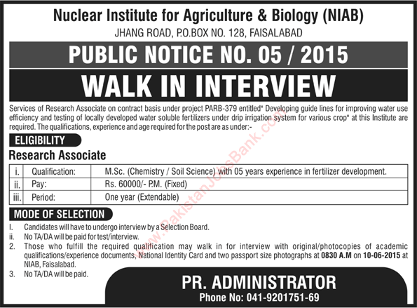 Nuclear Institute of Agriculture & Biology (NIAB) Faisalabad Jobs 2015 June Research Associates Latest