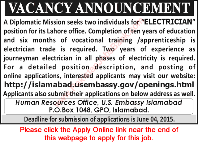 Electrician Jobs in US Consulate General Lahore 2015 June Apply Online US Embassy