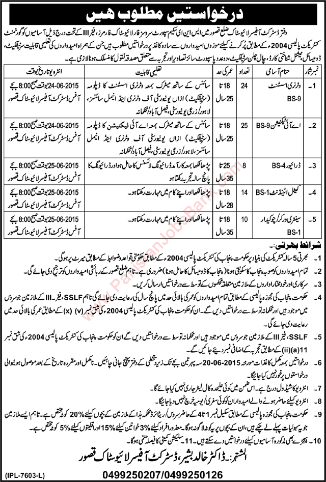 District Livestock Office Kasur Jobs 2015 June AI Technician, Veterinary Assistant, Attendants & Others