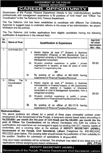 Finance Department Punjab Jobs 2015 June Tax Coordination Officer & Unit Head