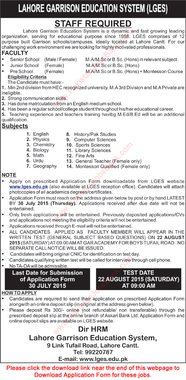 Lahore Garrison Education System Jobs 2015 June Teaching Faculty Application Form Download