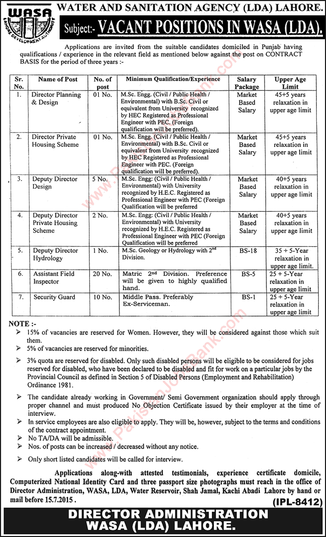 WASA Lahore Jobs 2015 June LDA Directors, Assistant Field Inspectors & Security Guards Latest