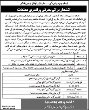 Education Department Bhimber AJK Jobs 2015 Female Primary Teachers in Government Girls Schools
