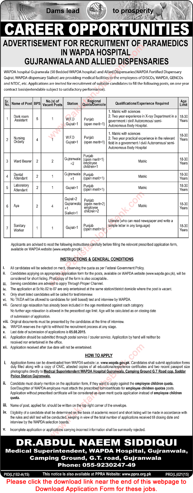 Paramedical and Lower Staff Jobs in WAPDA Hospital & Dispensaries 2015 July Gujranwala, Gujrat & Sialkot