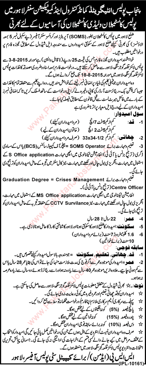 Constable Jobs in Punjab Police 2015 July / August SOMS Operator in Integrated Command & Control Communication Center