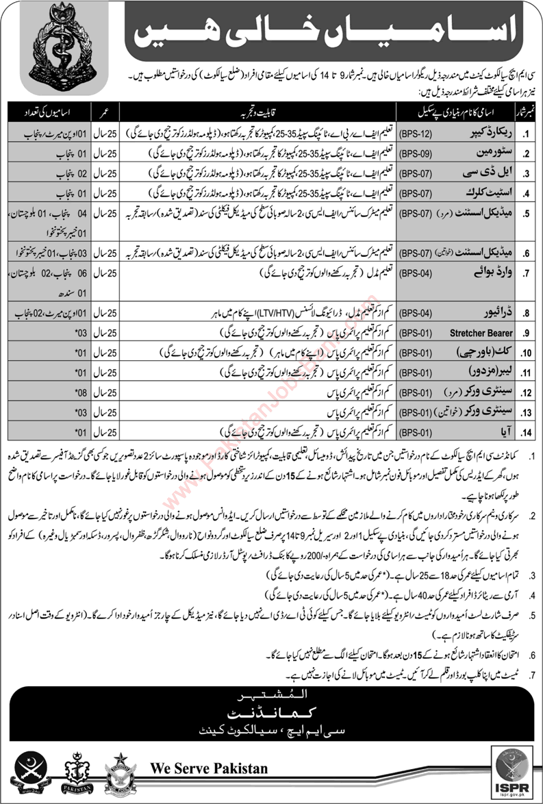 CMH Sialkot Jobs 2015 August Medical Assistants, Clerks, Ward Boy, Store Man & Others Latest
