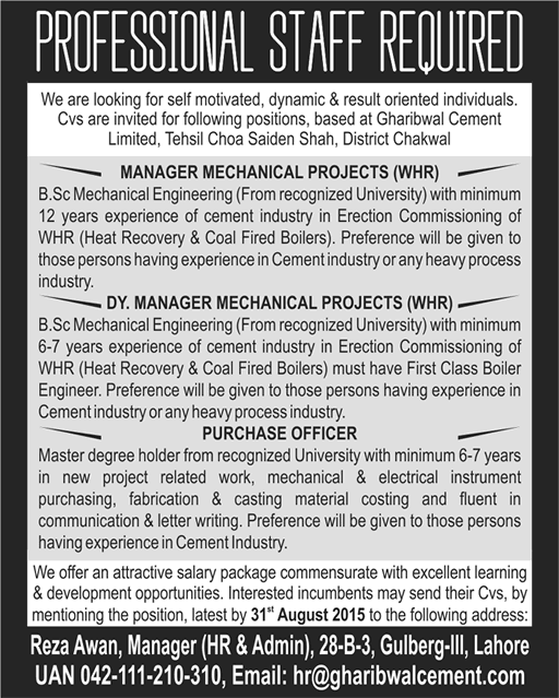 Gharibwal Cement Limited Chakwal Jobs 2015 August Purchase Officer & Mechanical Engineers