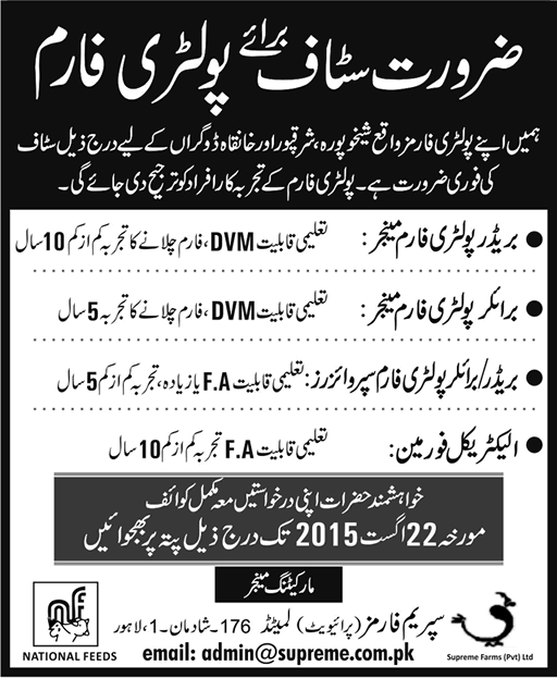 Supreme Farms Pvt Ltd Sheikhupura Jobs 2015 August Poultry Farm Managers / Supervisors & Electrical Foreman