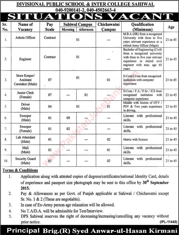 Divisional Public School & Inter College Sahiwal Jobs 2015 August / September Admin & Support Staff