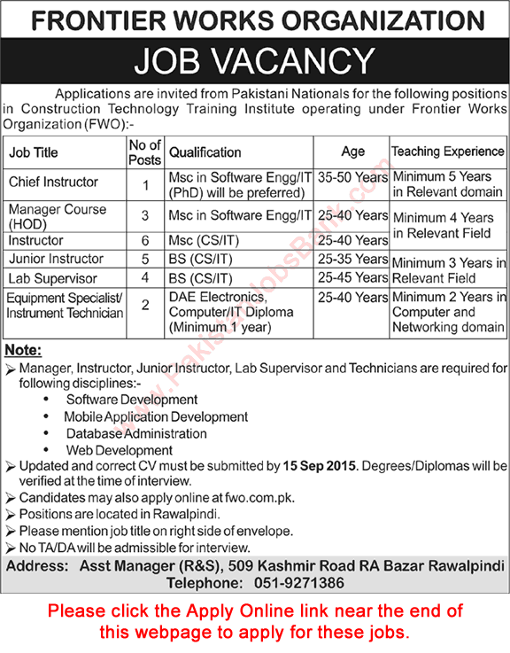Frontier Works Organization Jobs 2015 September Apply Online CTTI Rawalpindi Instructors & Others