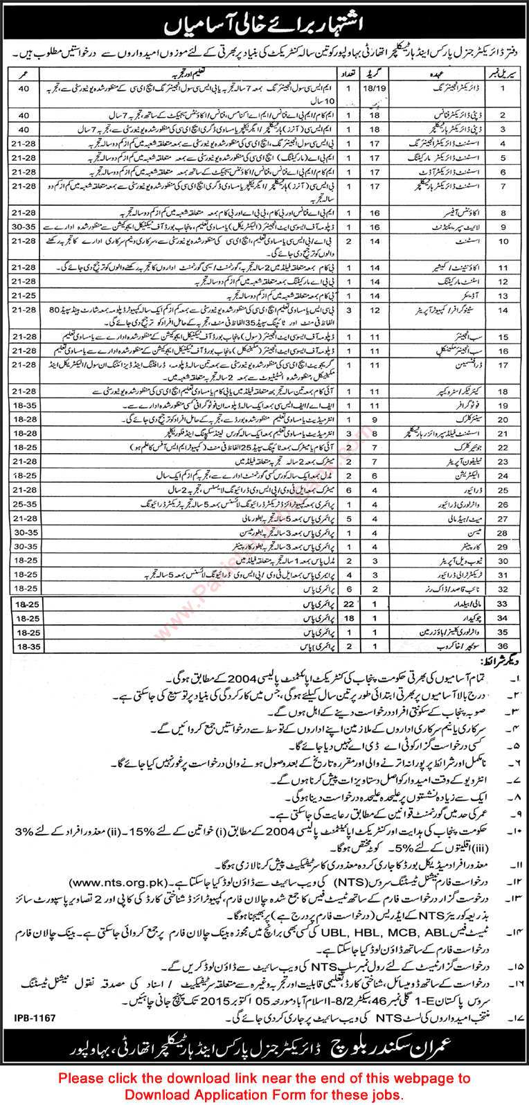 Parks and Horticulture Authority Bahawalpur Jobs 2015 September NTS Application Form Download
