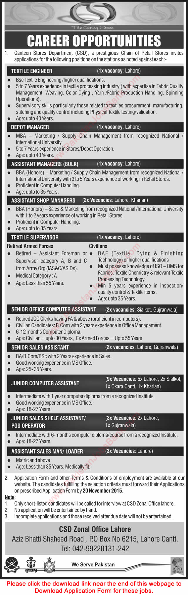 Canteen Stores Department Jobs 2015 November CSD Application Form Download Latest
