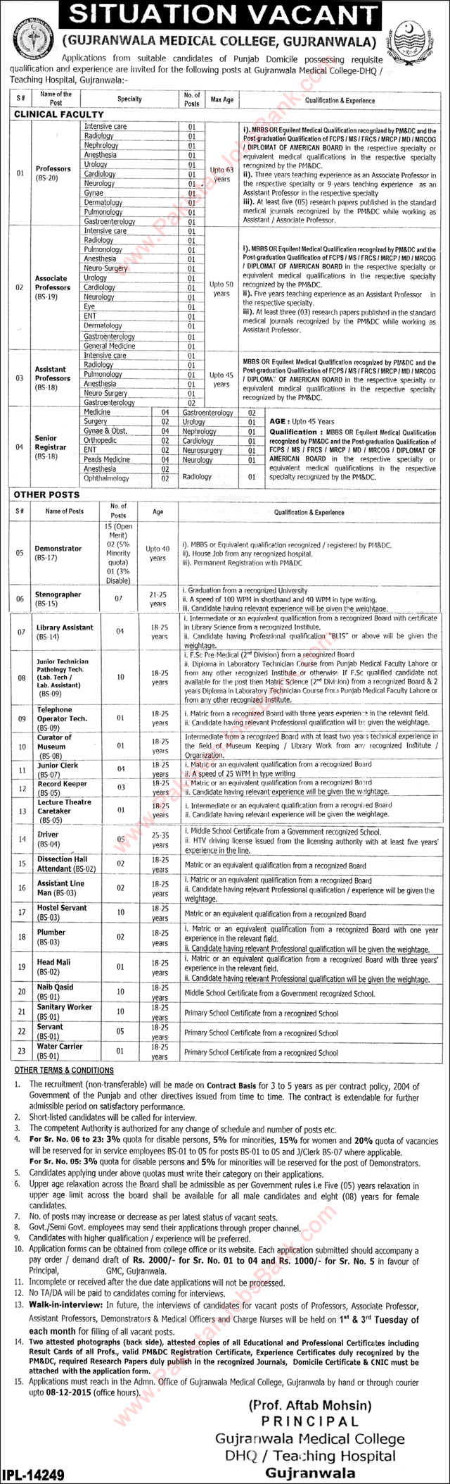 Gujranwala Medical College Jobs November 2015 Teaching Faculty, Admin & Support Staff