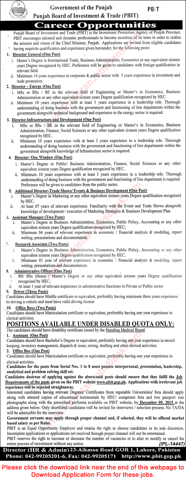 Punjab Board of Investment and Trade Lahore Jobs 2015 November PBIT Application Form Download
