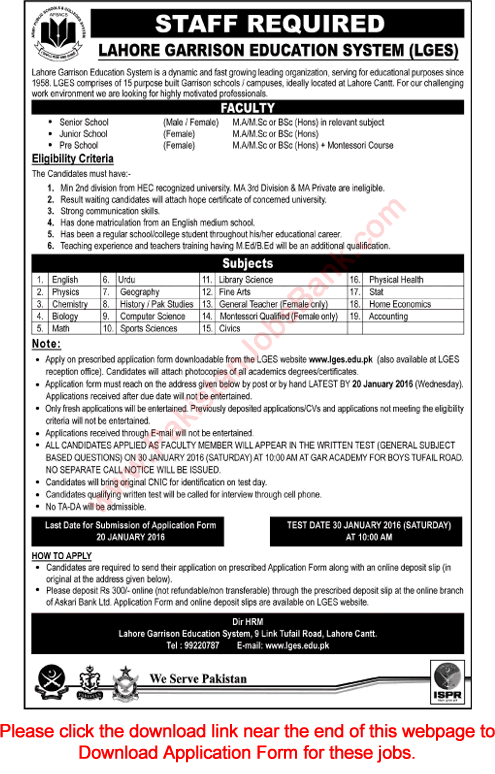 Lahore Garrison Education System Jobs 2016 LGES Application Form School Teachers Latest