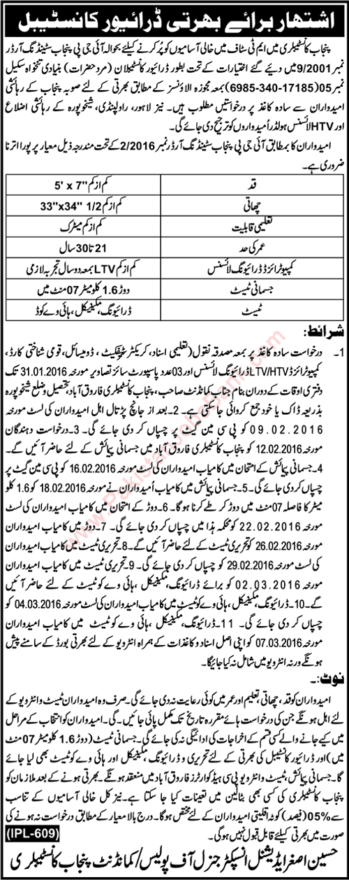 Driver Constable Jobs in Punjab Constabulary 2016 January Police Latest Advertisement