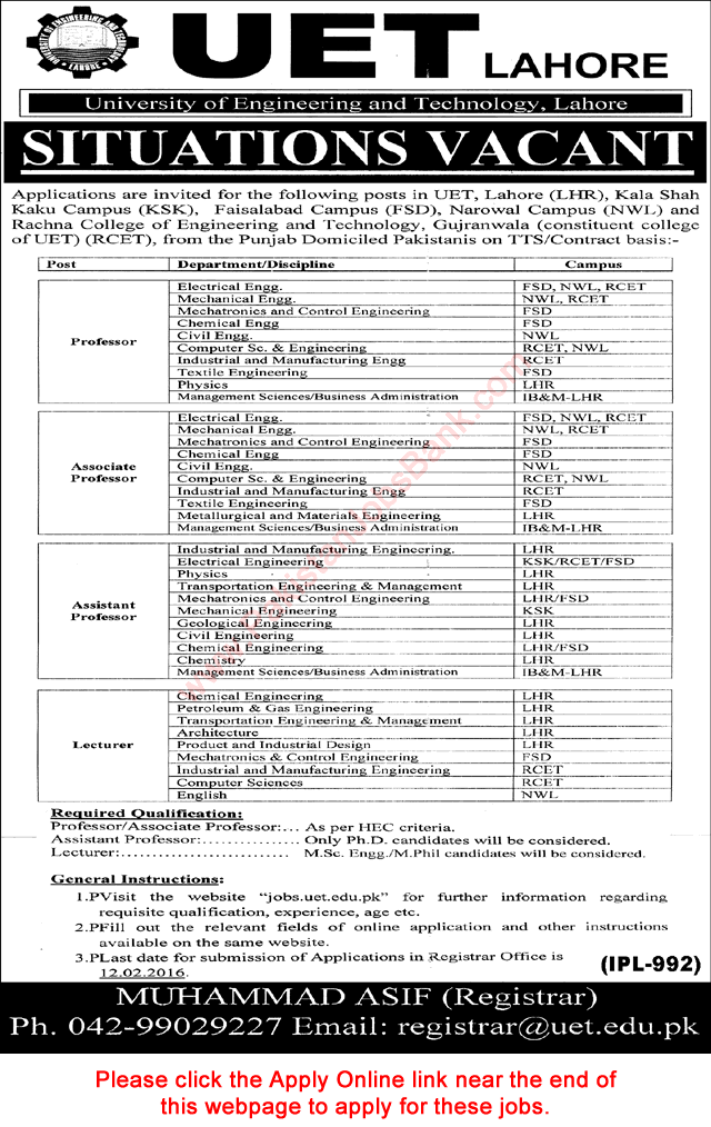 UET Lahore Jobs 2016 January / February Teaching Faculty Online Application Form Latest