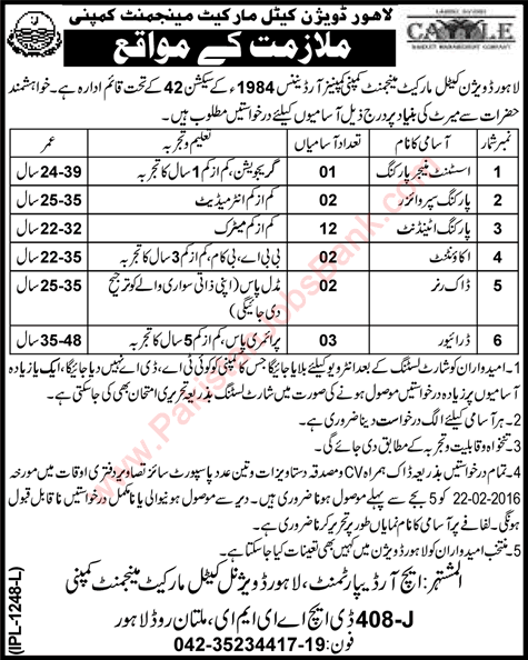 Cattle Market Management Company Lahore Jobs 2016 February Parking Attendants / Supervisors & Others