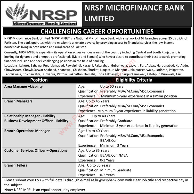 NRSP Microfinance Bank Jobs 2016 February / March Pakistan Managers, Officers & Tellers Latest